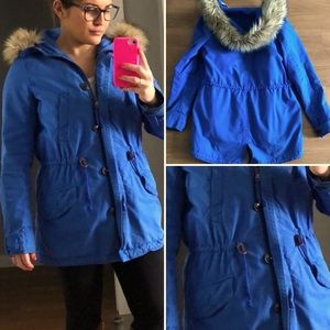 Blue xs Gap Jacket, fur trimmed hood- GUC